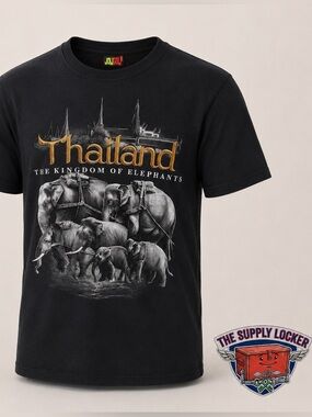 Thailand Kingdom Of Elephants Graphic T Shirt Black Size Large Travel Tee